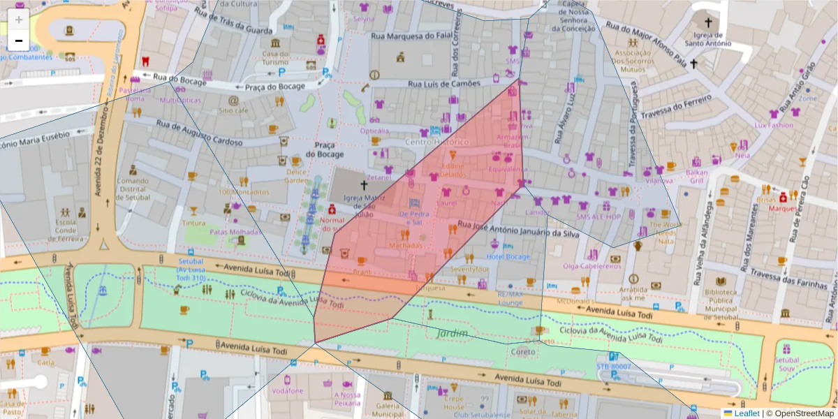 Mapa detalhado do código postal 2900-380 com limites, códigos postais vizinhos e agências dos correios