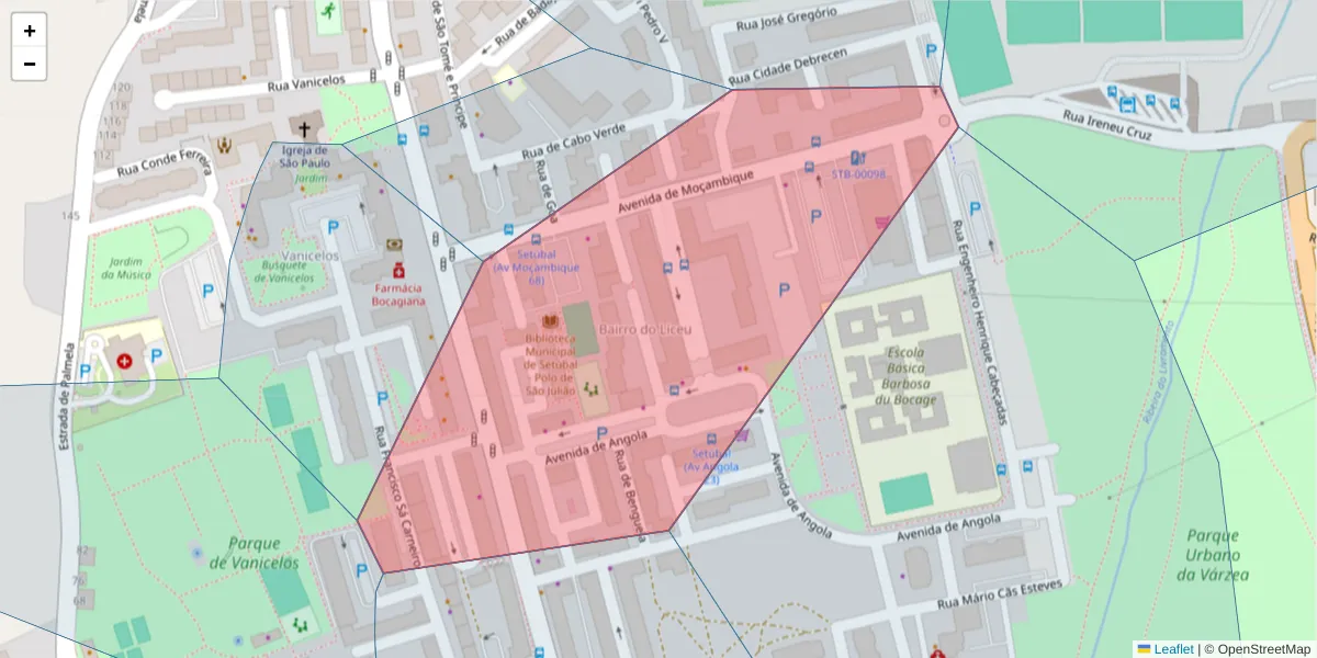 Mapa detalhado do código postal 2900-405 com limites, códigos postais vizinhos e agências dos correios