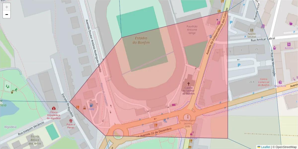 Mapa detalhado do código postal 2900-406 com limites, códigos postais vizinhos e agências dos correios