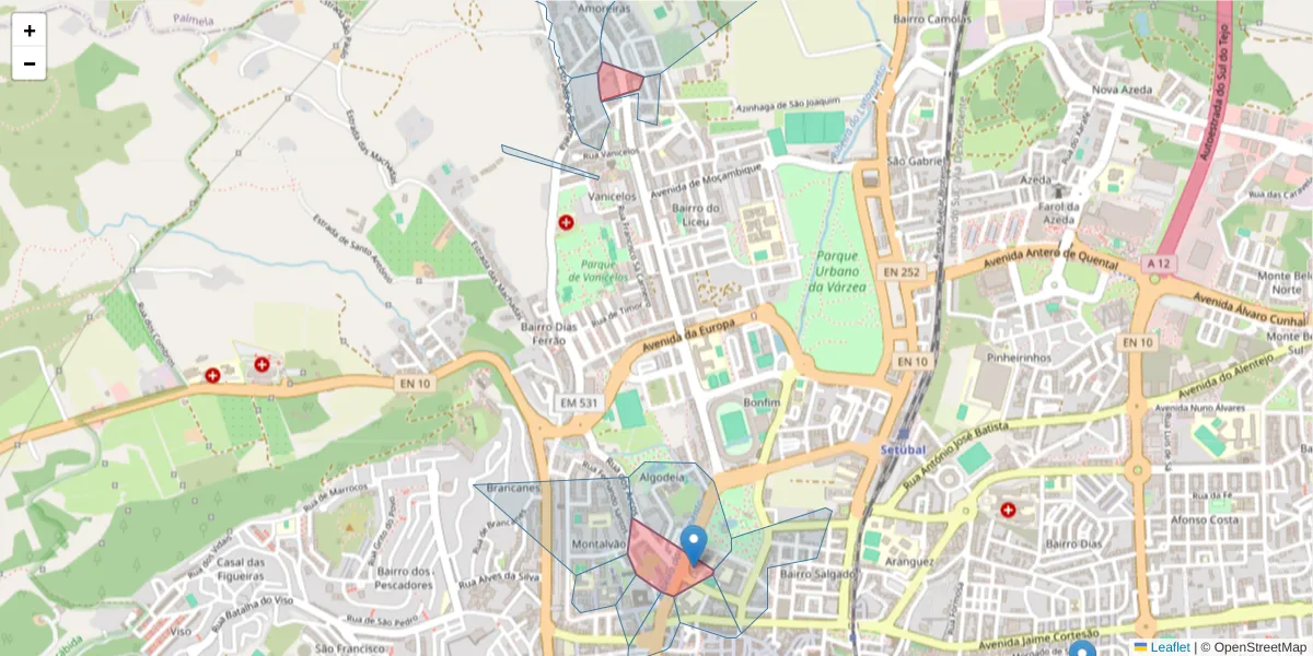 Mapa detalhado do código postal 2900-428 com limites, códigos postais vizinhos e agências dos correios