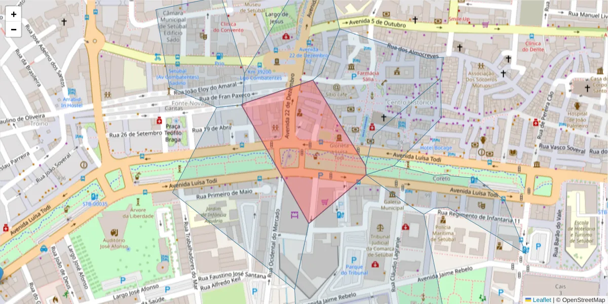 Mapa detalhado do código postal 2900-453 com limites, códigos postais vizinhos e agências dos correios
