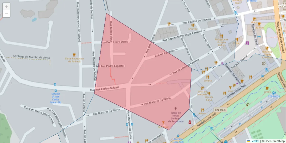 Mapa detalhado do código postal 2900-493 com limites, códigos postais vizinhos e agências dos correios