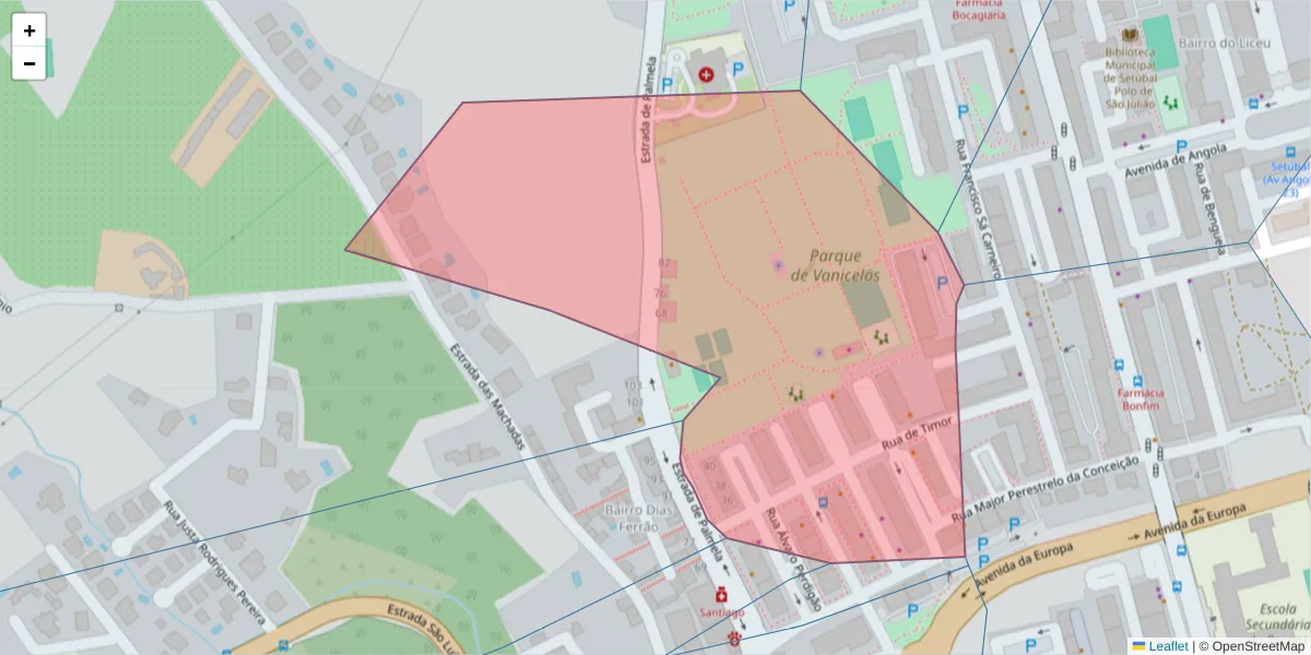 Mapa detalhado do código postal 2900-530 com limites, códigos postais vizinhos e agências dos correios
