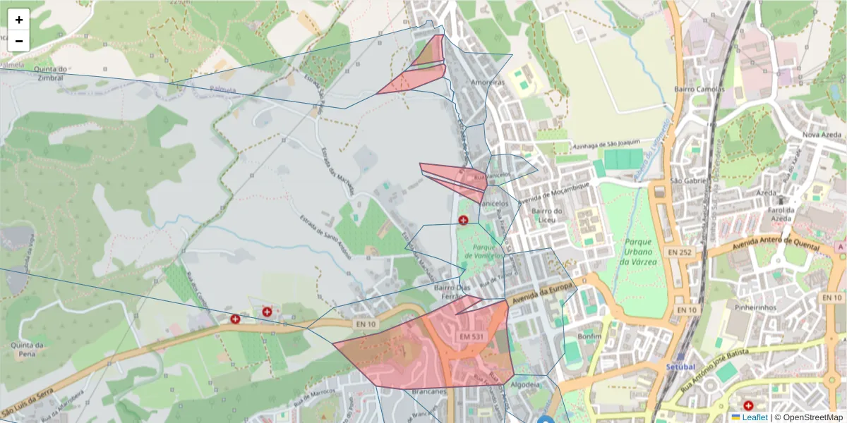 Mapa detalhado do código postal 2900-534 com limites, códigos postais vizinhos e agências dos correios