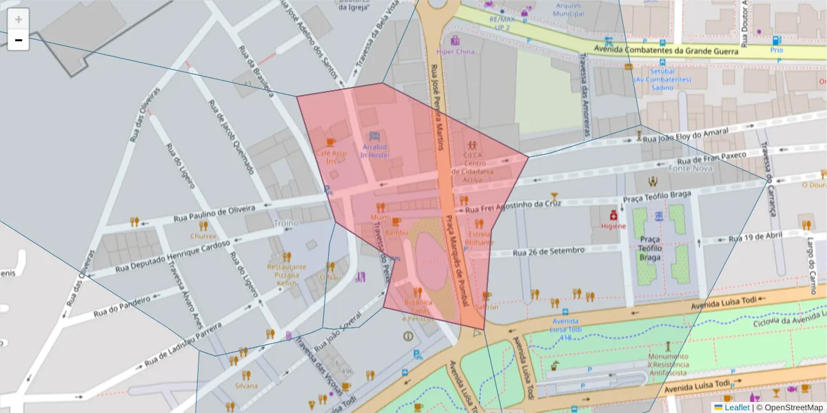 Mapa detalhado do código postal 2900-562 com limites, códigos postais vizinhos e agências dos correios