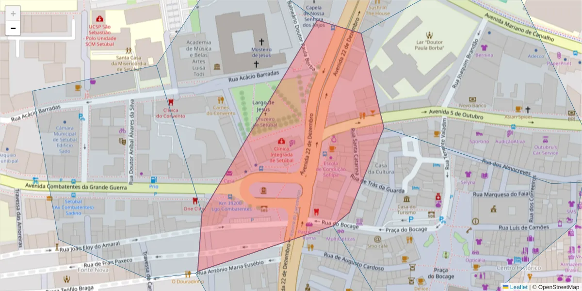 Mapa detalhado do código postal 2900-585 com limites, códigos postais vizinhos e agências dos correios