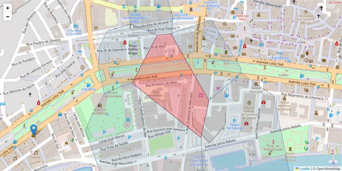 Mapa detalhado do código postal 2900-647 com limites, códigos postais vizinhos e agências dos correios