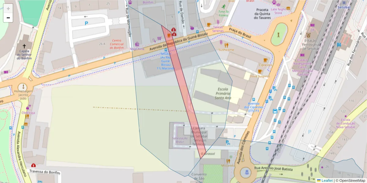 Mapa detalhado do código postal 2900 com limites, códigos postais vizinhos e agências dos correios