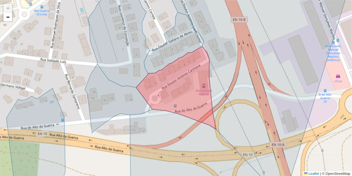 Mapa detalhado do código postal 2910-012 com limites, códigos postais vizinhos e agências dos correios