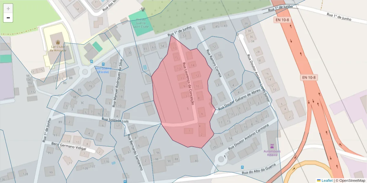 Mapa detalhado do código postal 2910-018 com limites, códigos postais vizinhos e agências dos correios