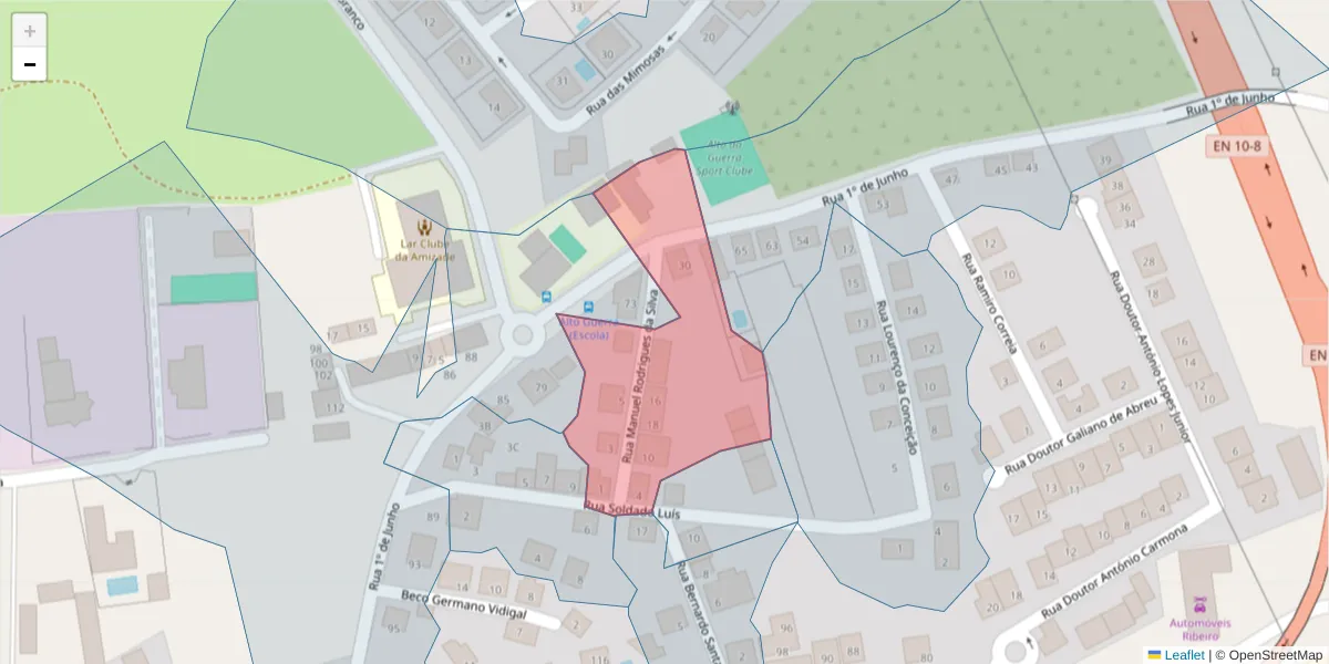 Mapa detalhado do código postal 2910-022 com limites, códigos postais vizinhos e agências dos correios