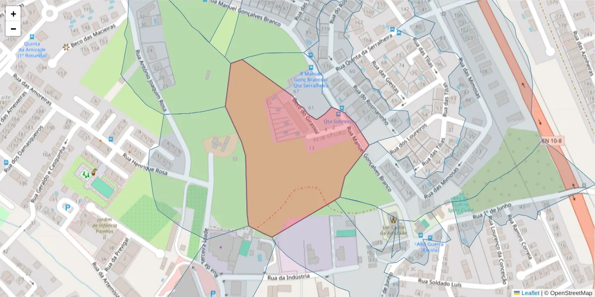 Mapa detalhado do código postal 2910-023 com limites, códigos postais vizinhos e agências dos correios
