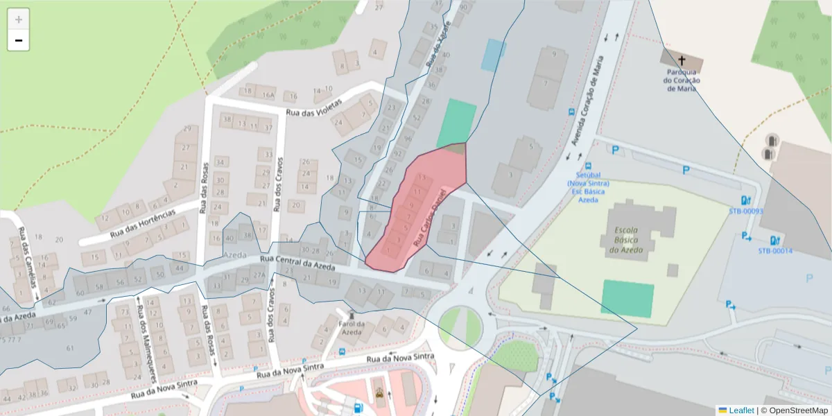 Mapa detalhado do código postal 2910-028 com limites, códigos postais vizinhos e agências dos correios