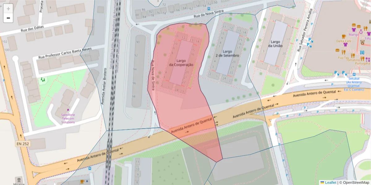 Mapa detalhado do código postal 2910-030 com limites, códigos postais vizinhos e agências dos correios
