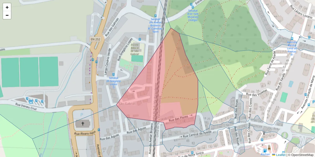 Mapa detalhado do código postal 2910-033 com limites, códigos postais vizinhos e agências dos correios