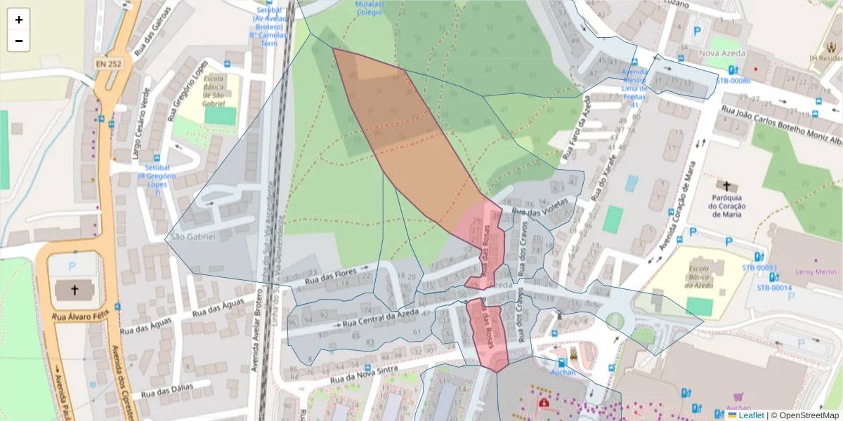 Mapa detalhado do código postal 2910-041 com limites, códigos postais vizinhos e agências dos correios