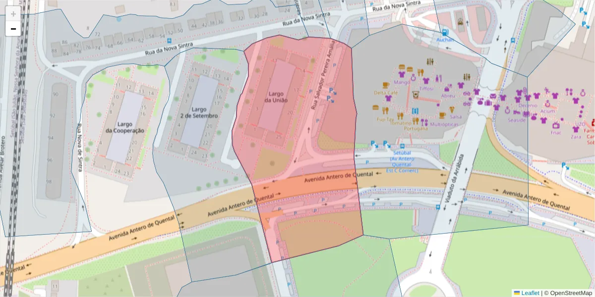 Mapa detalhado do código postal 2910-045 com limites, códigos postais vizinhos e agências dos correios