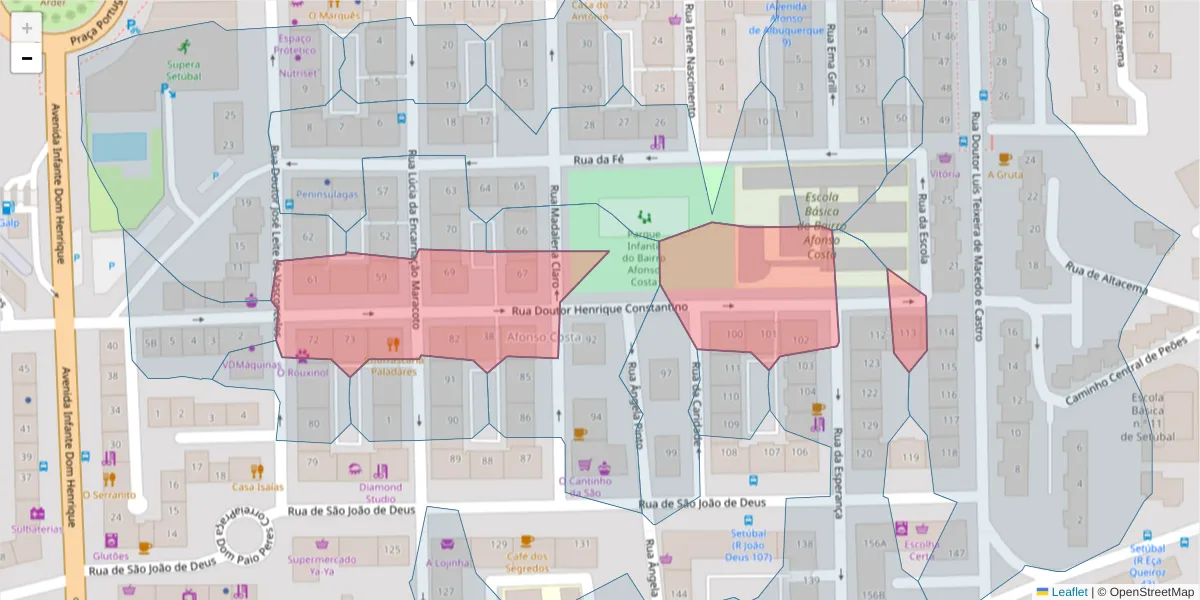 Mapa detalhado do código postal 2910-054 com limites, códigos postais vizinhos e agências dos correios