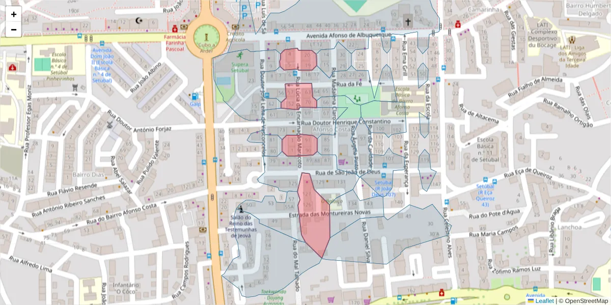Mapa detalhado do código postal 2910-056 com limites, códigos postais vizinhos e agências dos correios