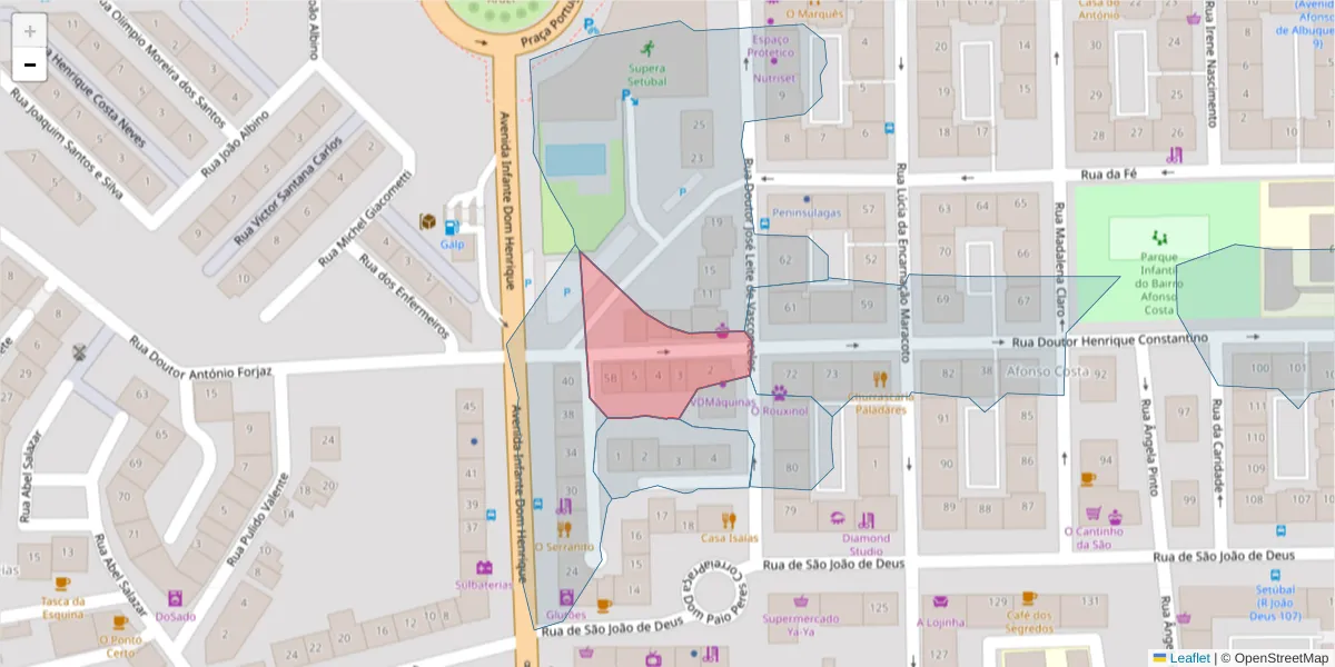 Mapa detalhado do código postal 2910-058 com limites, códigos postais vizinhos e agências dos correios