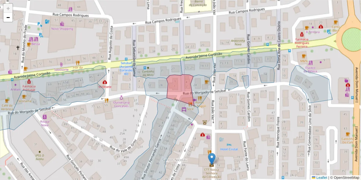 Mapa detalhado do código postal 2910-066 com limites, códigos postais vizinhos e agências dos correios