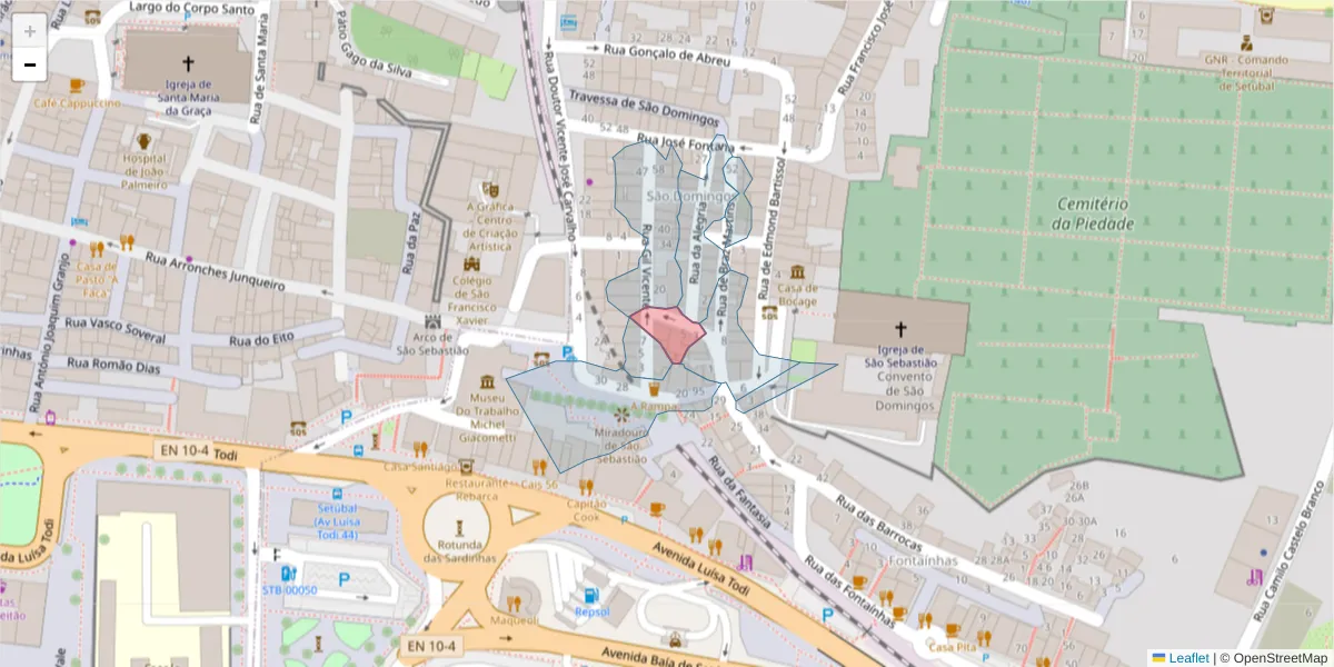 Mapa detalhado do código postal 2910-083 com limites, códigos postais vizinhos e agências dos correios