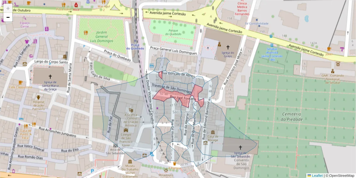 Mapa detalhado do código postal 2910-091 com limites, códigos postais vizinhos e agências dos correios