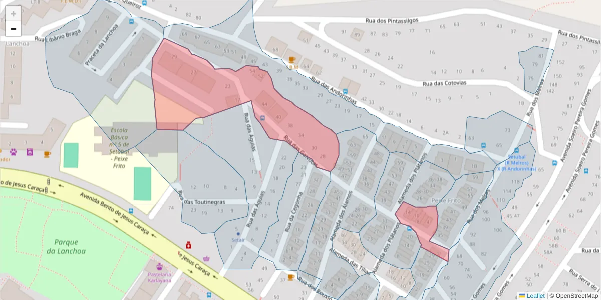 Mapa detalhado do código postal 2910-098 com limites, códigos postais vizinhos e agências dos correios