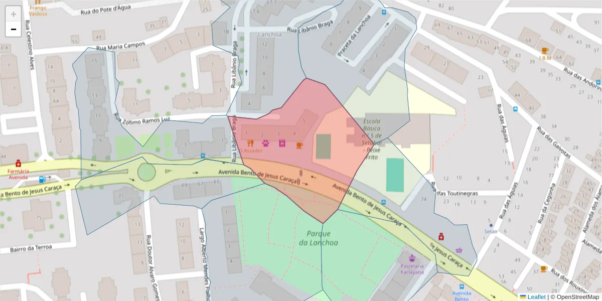 Mapa detalhado do código postal 2910-099 com limites, códigos postais vizinhos e agências dos correios