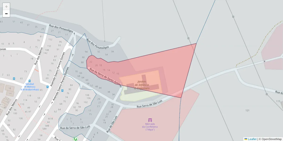 Mapa detalhado do código postal 2910-102 com limites, códigos postais vizinhos e agências dos correios