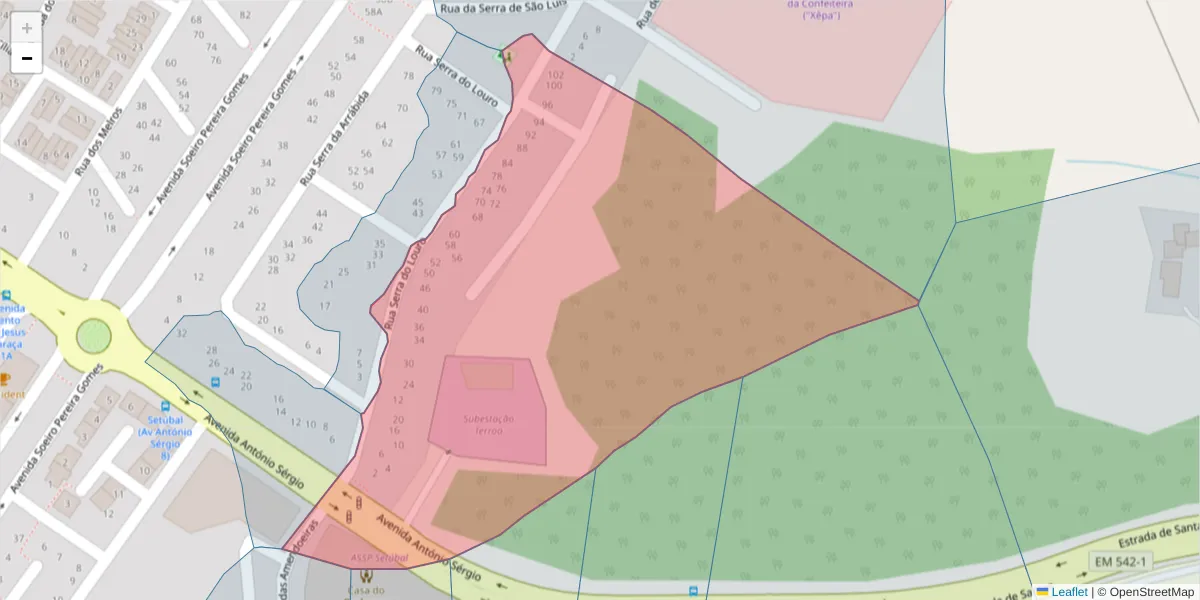 Mapa detalhado do código postal 2910-104 com limites, códigos postais vizinhos e agências dos correios