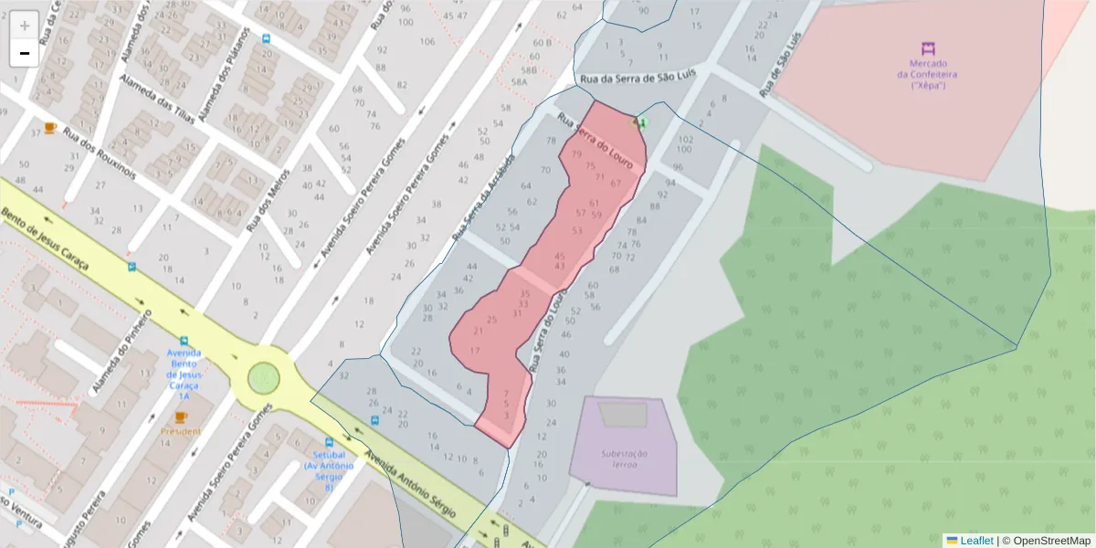 Mapa detalhado do código postal 2910-105 com limites, códigos postais vizinhos e agências dos correios