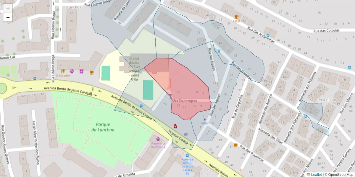 Mapa detalhado do código postal 2910-106 com limites, códigos postais vizinhos e agências dos correios