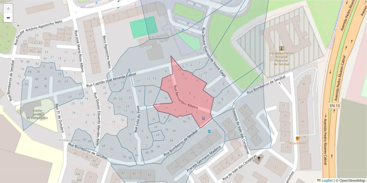 Mapa detalhado do código postal 2910-109 com limites, códigos postais vizinhos e agências dos correios