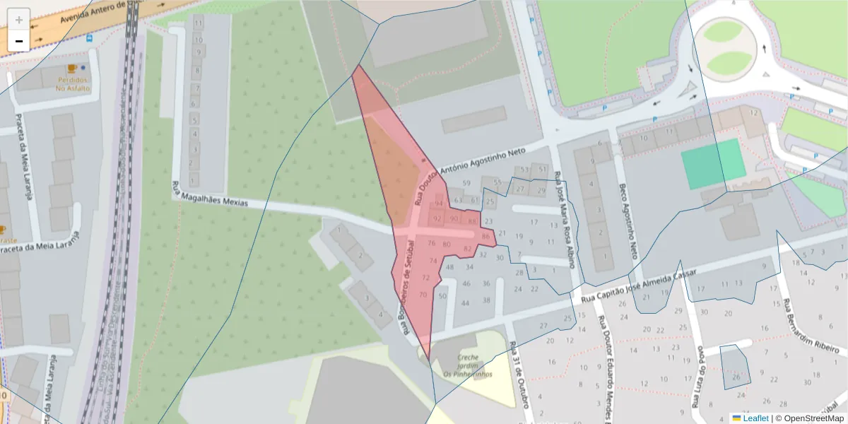 Mapa detalhado do código postal 2910-111 com limites, códigos postais vizinhos e agências dos correios