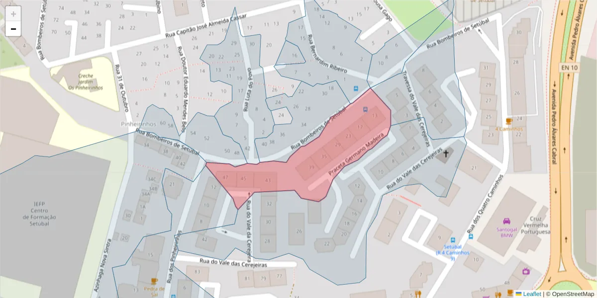 Mapa detalhado do código postal 2910-112 com limites, códigos postais vizinhos e agências dos correios