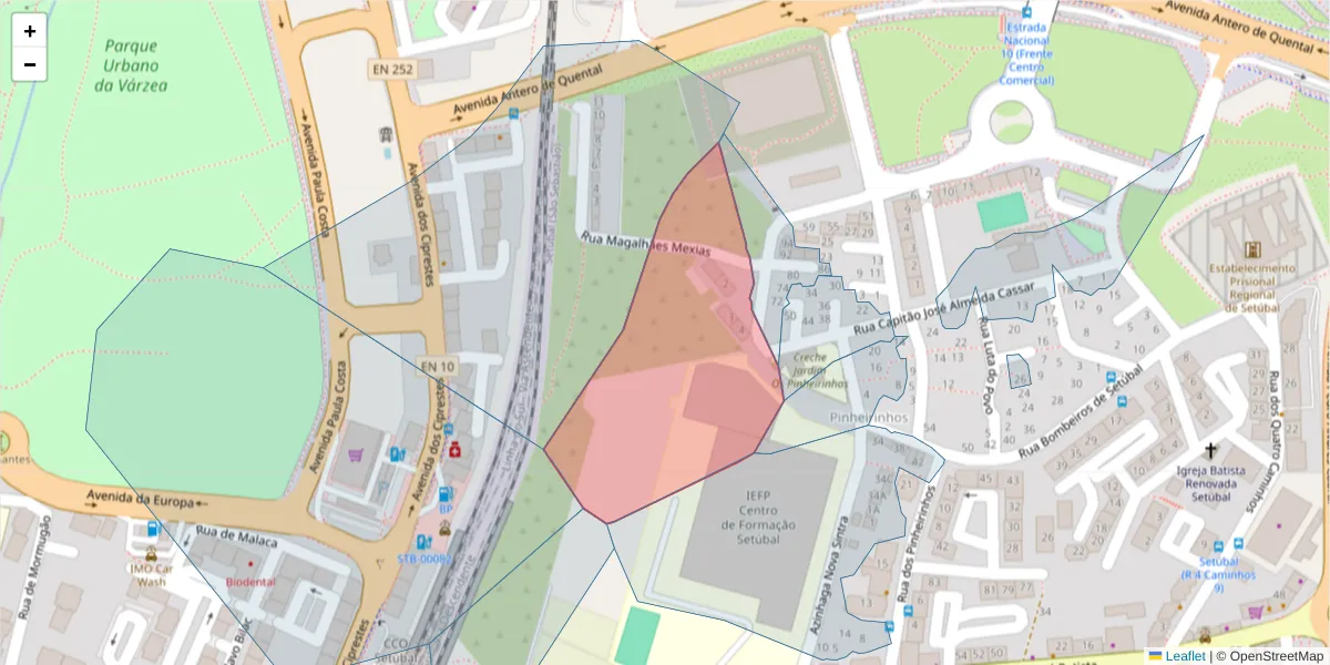 Mapa detalhado do código postal 2910-113 com limites, códigos postais vizinhos e agências dos correios