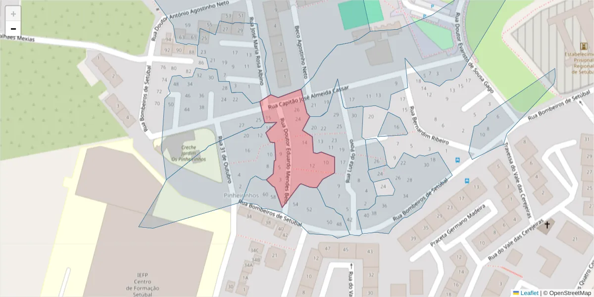 Mapa detalhado do código postal 2910-114 com limites, códigos postais vizinhos e agências dos correios
