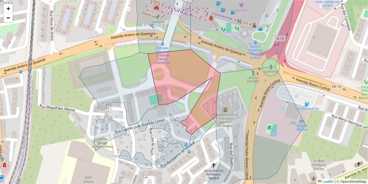 Mapa detalhado do código postal 2910-115 com limites, códigos postais vizinhos e agências dos correios