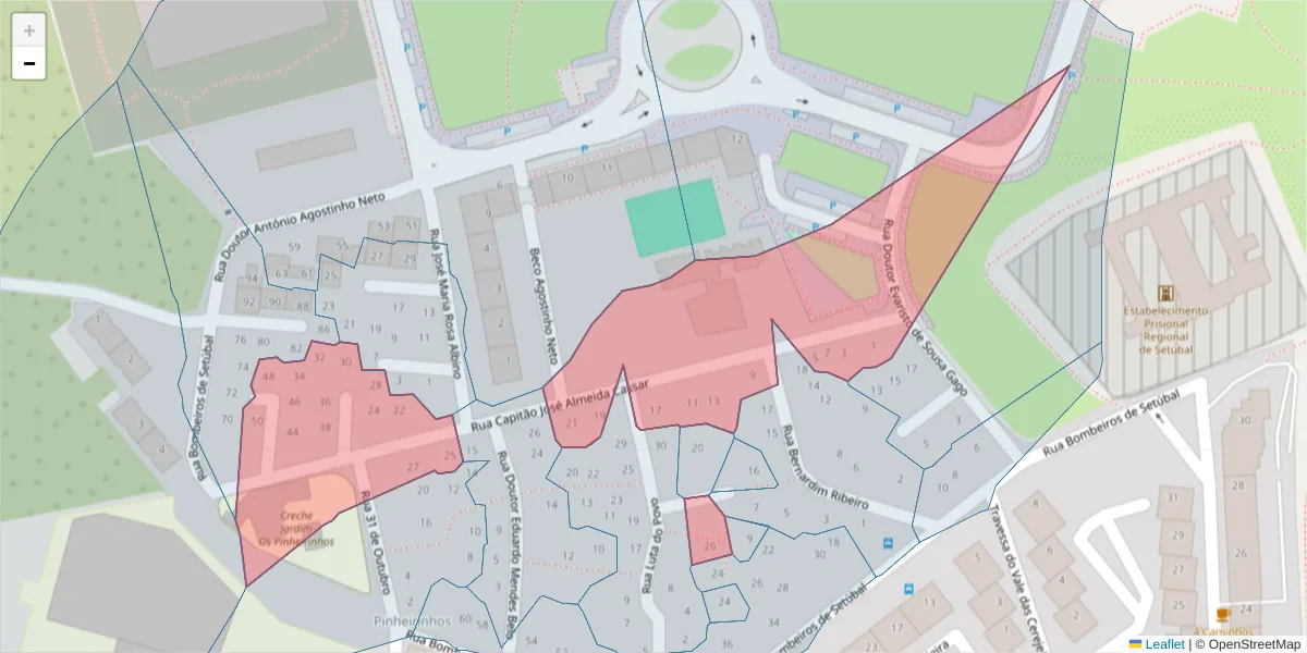 Mapa detalhado do código postal 2910-117 com limites, códigos postais vizinhos e agências dos correios