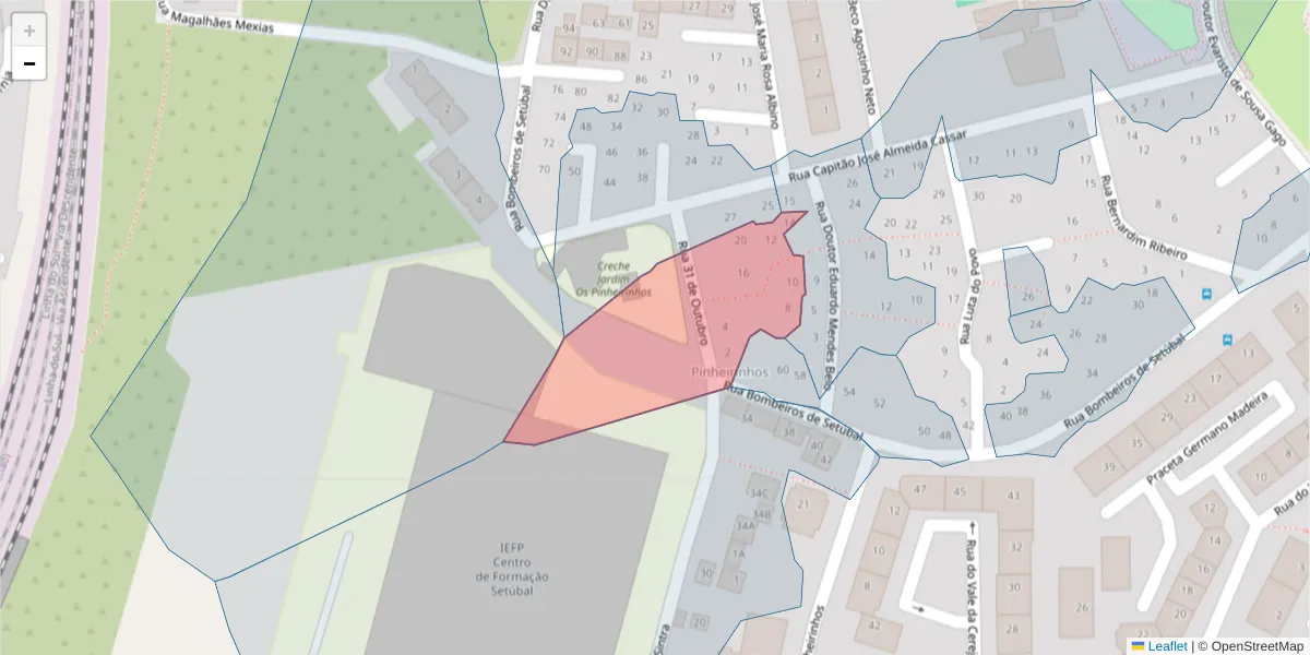 Mapa detalhado do código postal 2910-122 com limites, códigos postais vizinhos e agências dos correios