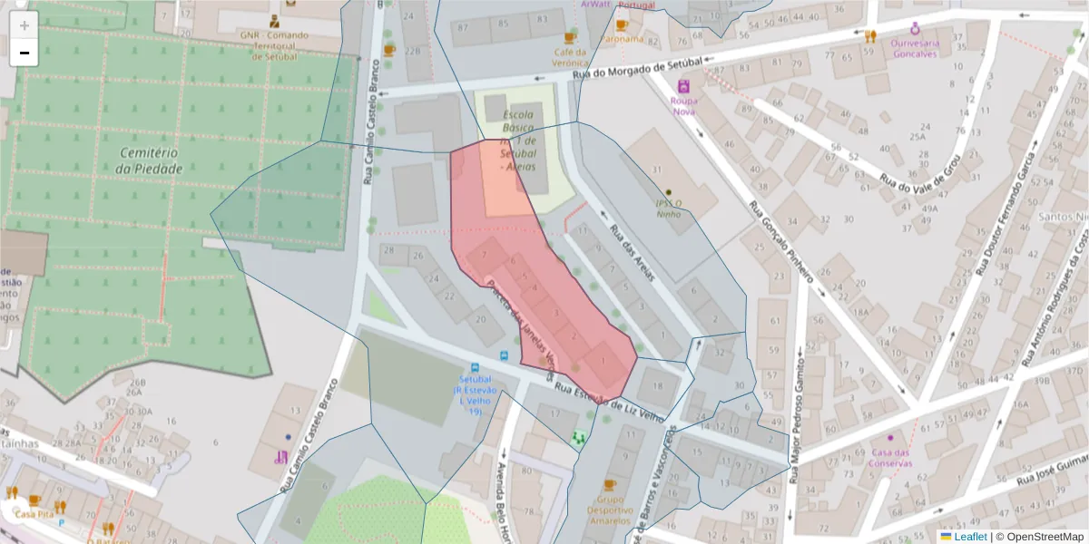 Mapa detalhado do código postal 2910-124 com limites, códigos postais vizinhos e agências dos correios