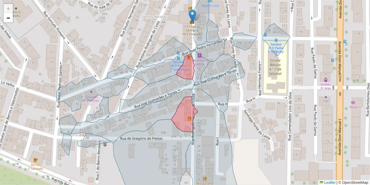 Mapa detalhado do código postal 2910-126 com limites, códigos postais vizinhos e agências dos correios