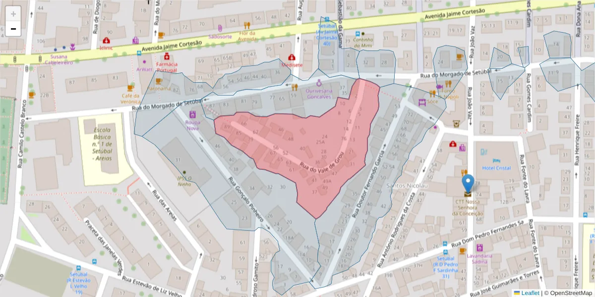 Mapa detalhado do código postal 2910-128 com limites, códigos postais vizinhos e agências dos correios