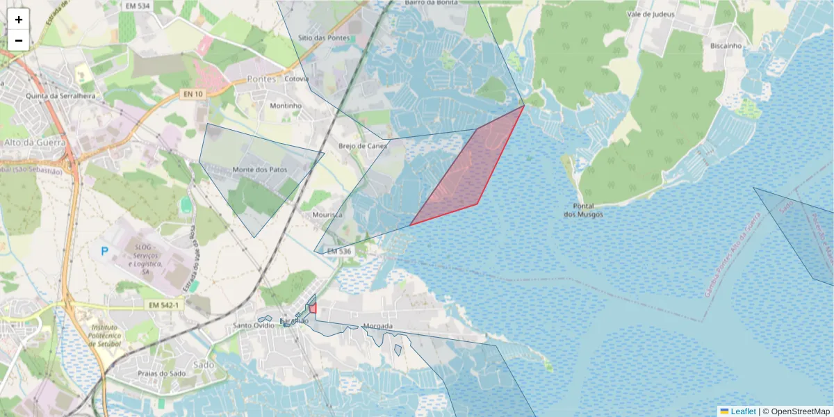 Mapa detalhado do código postal 2910-152 com limites, códigos postais vizinhos e agências dos correios