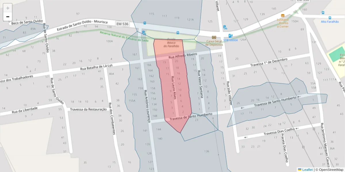 Mapa detalhado do código postal 2910-163 com limites, códigos postais vizinhos e agências dos correios