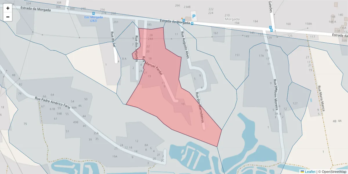 Mapa detalhado do código postal 2910-165 com limites, códigos postais vizinhos e agências dos correios