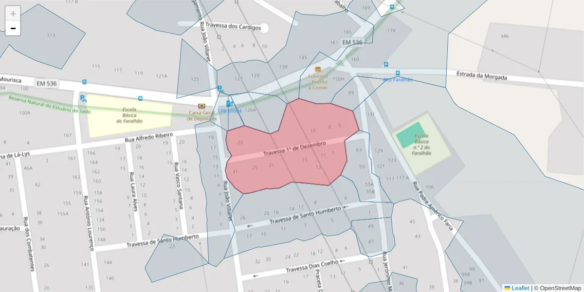 Mapa detalhado do código postal 2910-172 com limites, códigos postais vizinhos e agências dos correios
