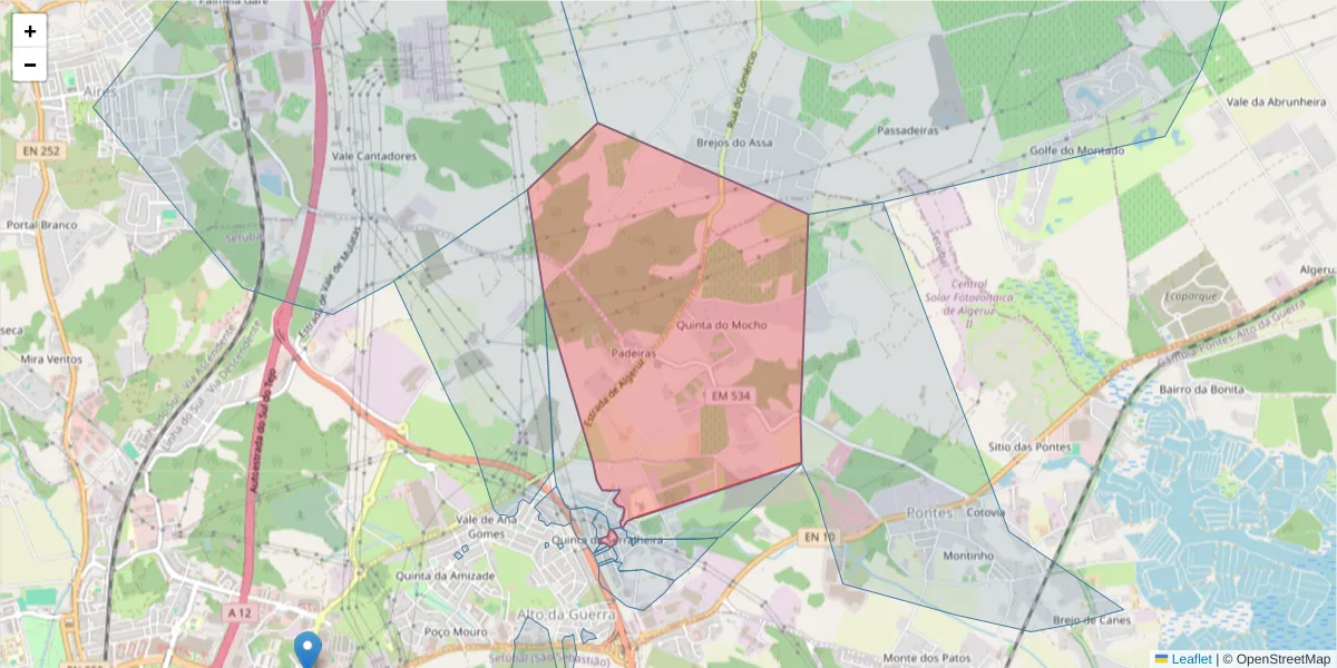 Mapa detalhado do código postal 2910-198 com limites, códigos postais vizinhos e agências dos correios