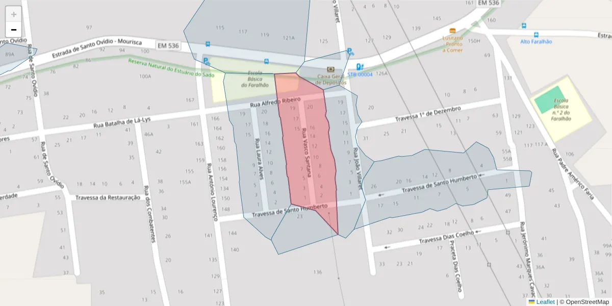 Mapa detalhado do código postal 2910-202 com limites, códigos postais vizinhos e agências dos correios